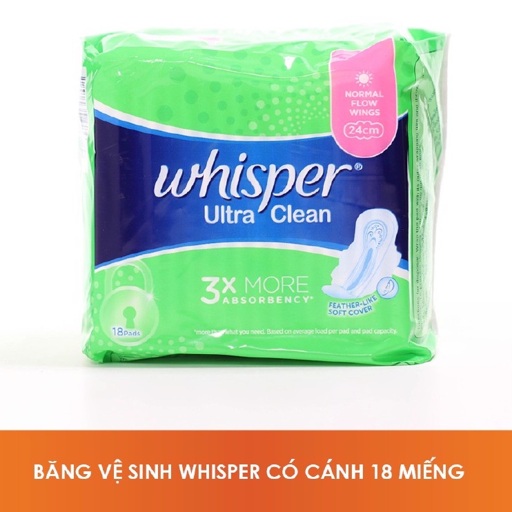 Băng Vệ Sinh Ngày Whisper Ultra Clean Có Cánh 24cm (18 Miếng)