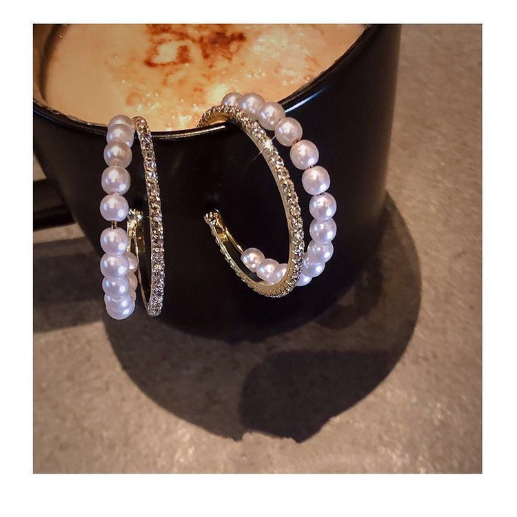 Bông Tai Mạ Bạc 925 Hình Chữ C Đính Ngọc Trai Lấp Lánh Phong Cách Hàn Quốc