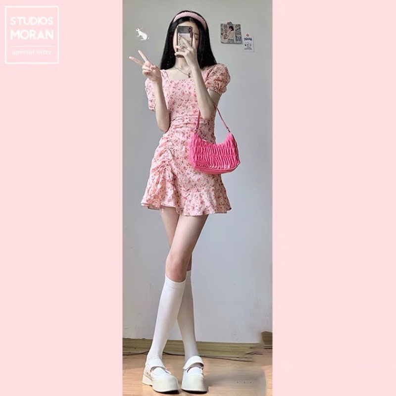 Váy đầm hoa MORAN hoạ tiết màu hồng phong cách thời trang mùa hè cho nữ