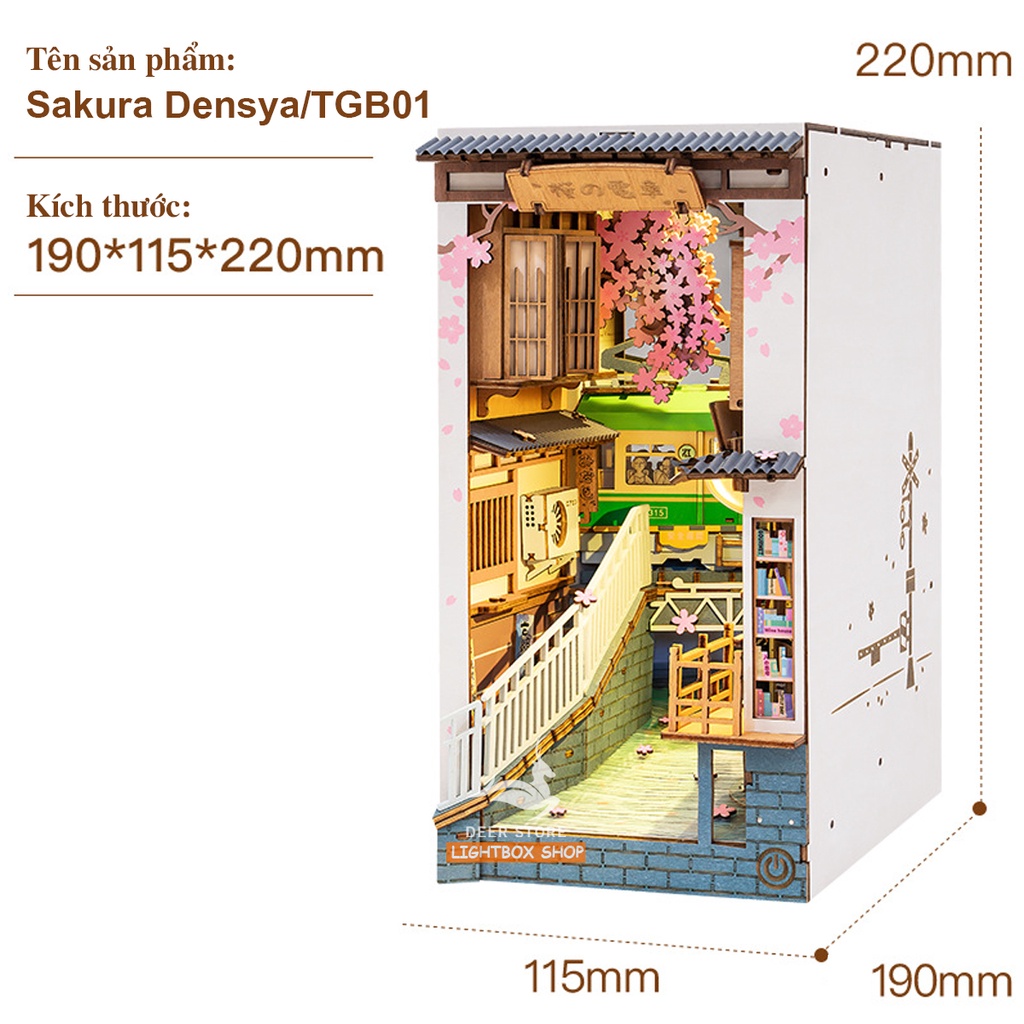 Mô hình Book Nook tự lắp ráp bằng gỗ Rolife Sakura Densya. Đèn có công tắc cảm ứng. TGB01