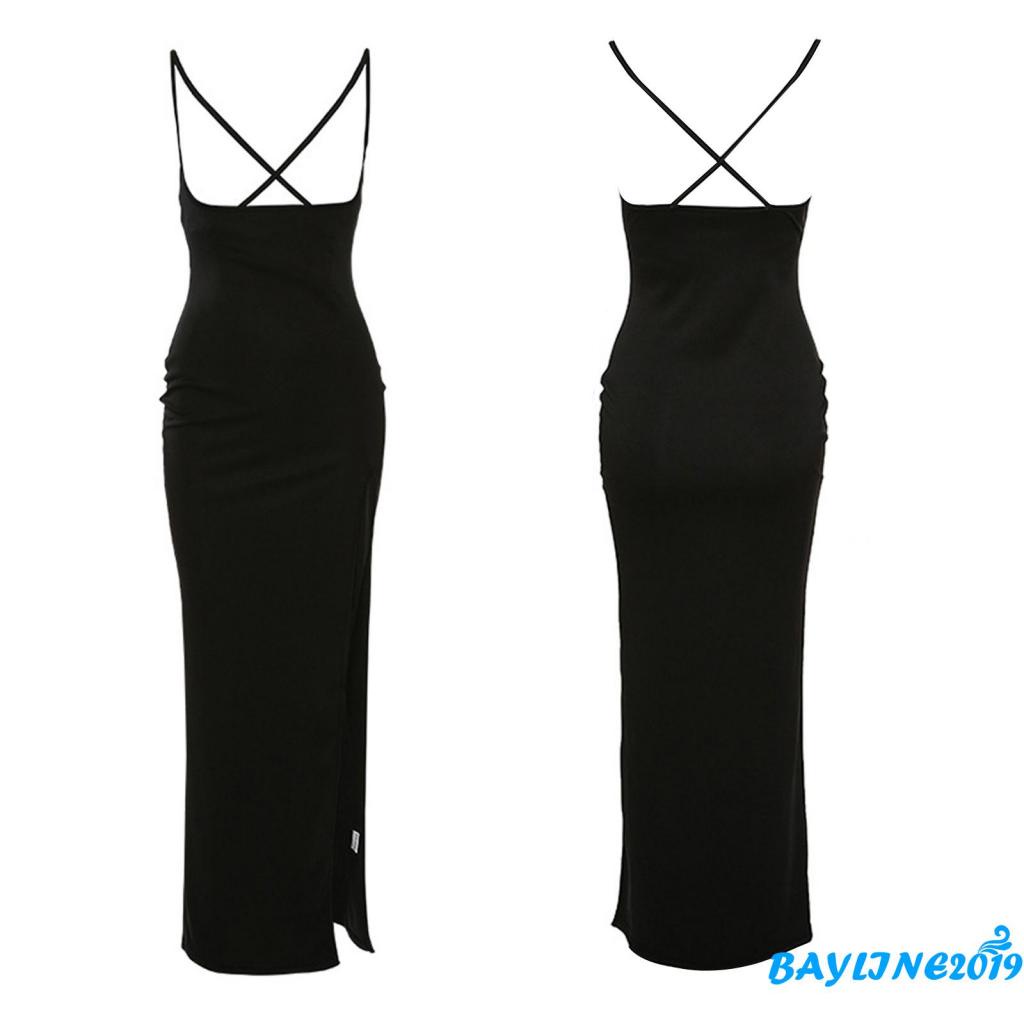 Đầm midi 2 dây dáng rộng xẻ tà hở lưng màu đen trơn thời trang xuân hè quyến rũ cho nữ