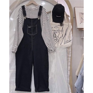 Quần yếm jeans logo dáng suông dài basic [6602]