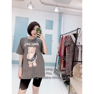 Áo thun áo phông cộc cotton gấu đeo túi from suông bầu bí, không bầu