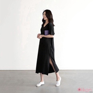 Váy xuông BASIC cổ tim dáng dài xẻ gấu