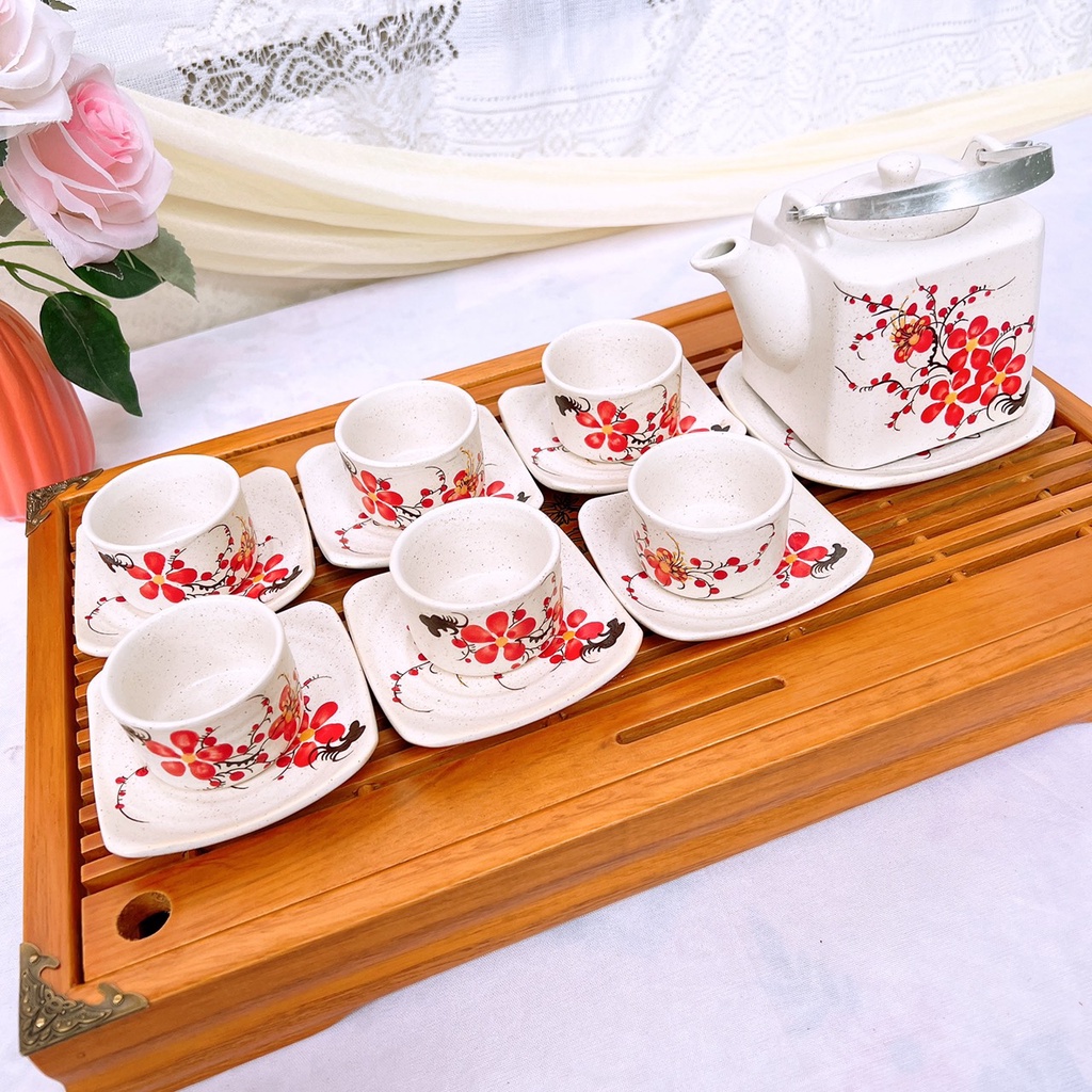 Bộ ấm chén uống trà  Gốm Sứ Bát Tràng  bộ ấm trà,Vuông Sáo Đào Đỏ đẹp decor GOMPHUQUY ĐL01