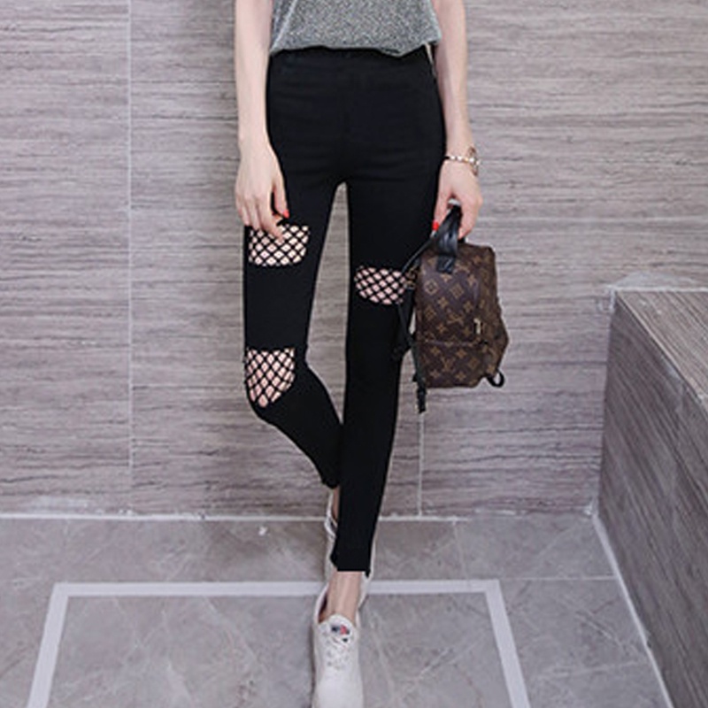 Quần jean dài dáng skinny phối rách kiểu lưới cá thời trang dành cho nữ