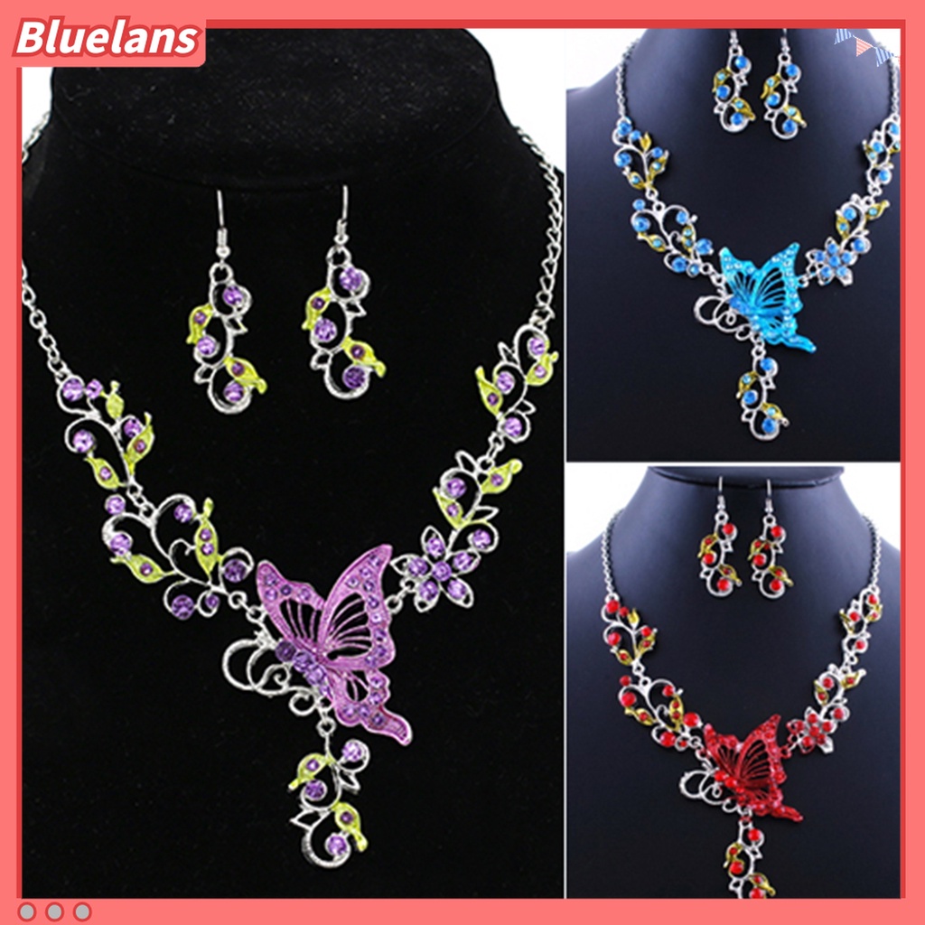 Bộ dây chuyền + bông tai hình hoa bướm đính đá nhiều màu