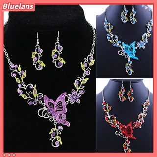 Bộ dây chuyền + bông tai hình hoa bướm đính đá nhiều màu
