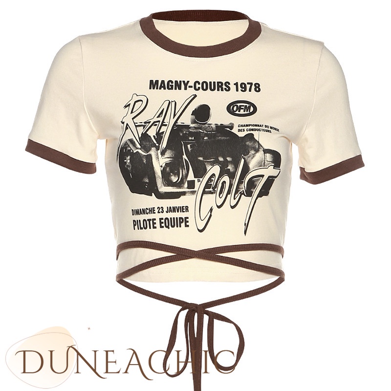 DUNEA Áo thun croptop tay ngắn thắt dây in họa tiết thời trang cho nữ