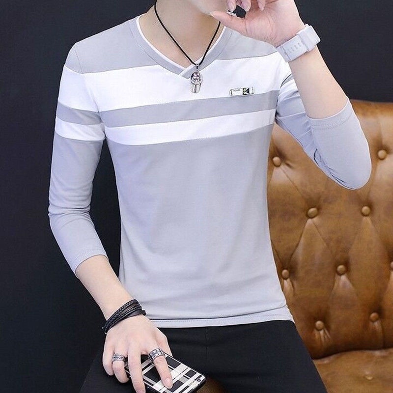 Áo Thun Cotton Tay Dài Cổ Chữ V Thời Trang Mùa Thu Cho Nam