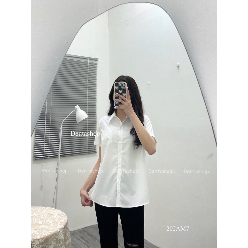 Aó sơ mi cộc tay trắng, quần jeans đen rách gối, cắt gấu chéo-202AM7, 202AD2- đenta shop