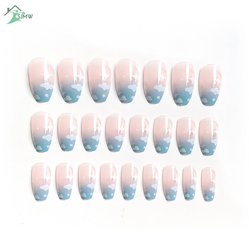 Set 24 Móng Tay Giả Dáng Dài Màu Xanh Dương Mây Xanh Thời Trang Cho Nữ
