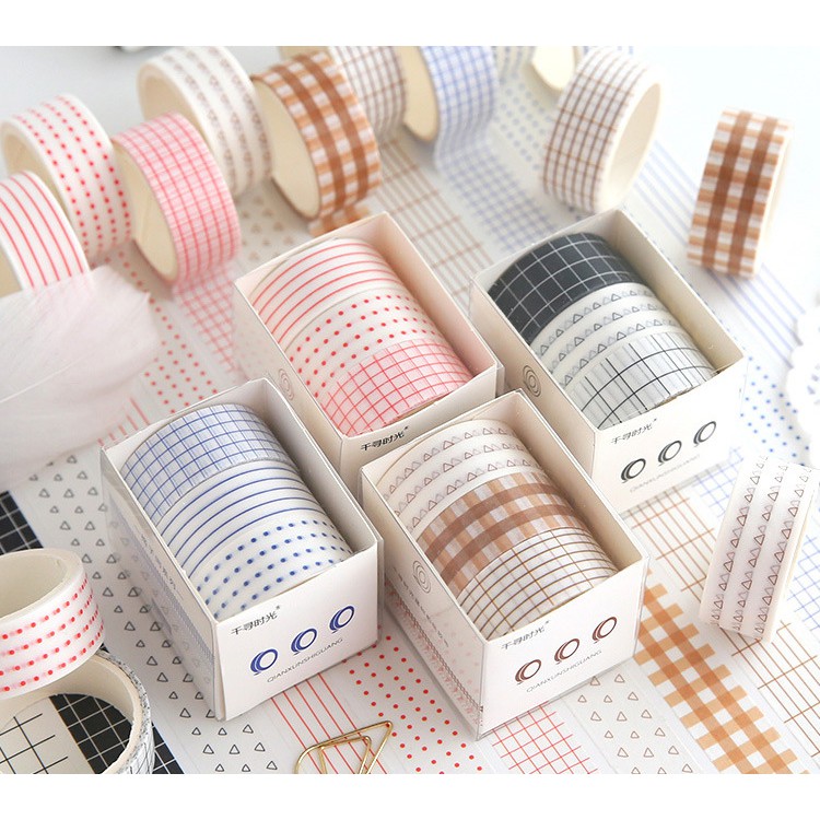 Bộ Washi tape băng dính họa tiết kẻ, chấm bi Basic trang trí sổ Bullet Journal, bưu thiếp, album