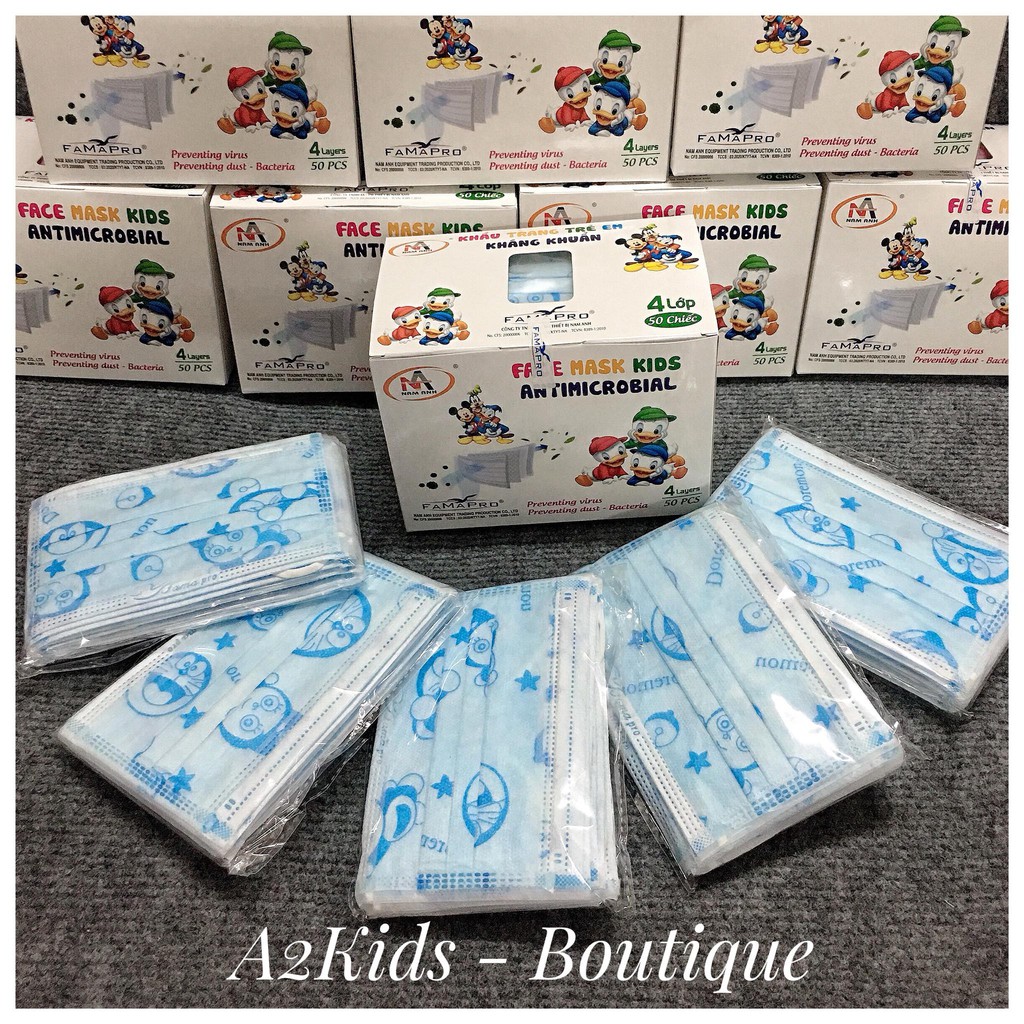 Khẩu trang cho bé 4 lớp hộp 50 cái hình hoạt hình dễ thương hàng công ty Famapro Nam Anh