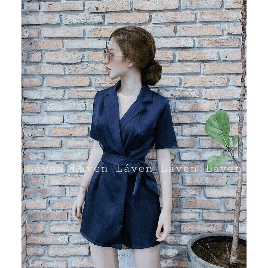 Jumpsuit, jum nữ vạt đắp chéo cổ vét cột nơ ở eo kiểu dáng trẻ trung, thanh lịch qc
