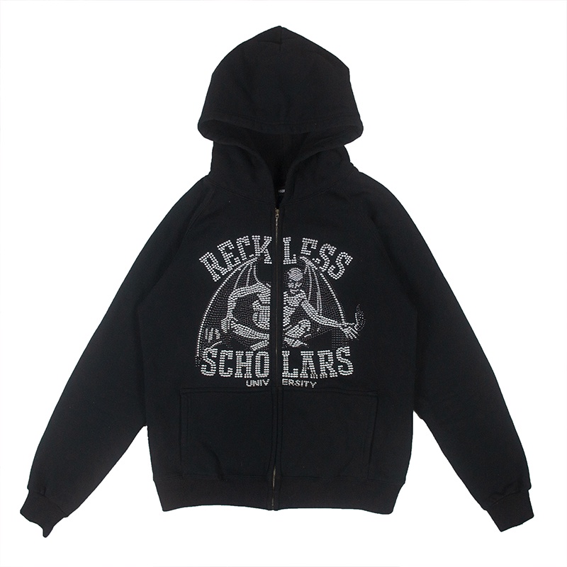 Áo khoác đen dài tay phối khoá kéo đính đá SASSYME Y2K