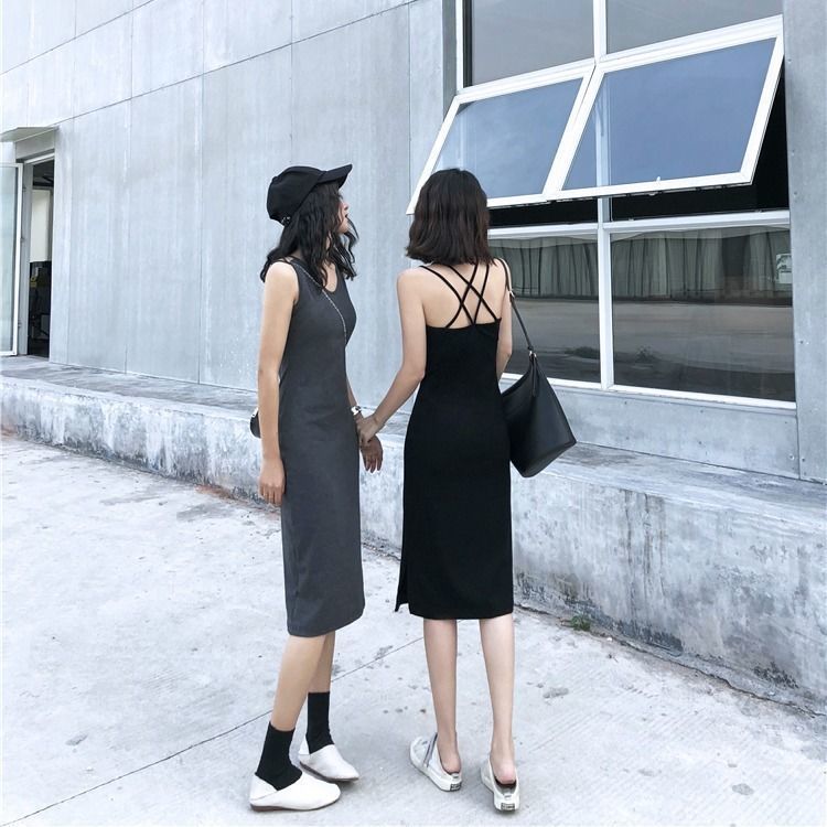 [L&Q]                        Suspender dress long skirt female summer Korean version of the open back sexy slim body with a thin bottoming vest little black dress