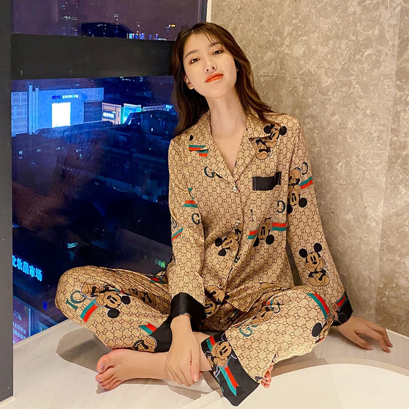 Bộ đồ ngủ tay dài chất vải như lụa mỏng thời trang xuân thu cho nữ