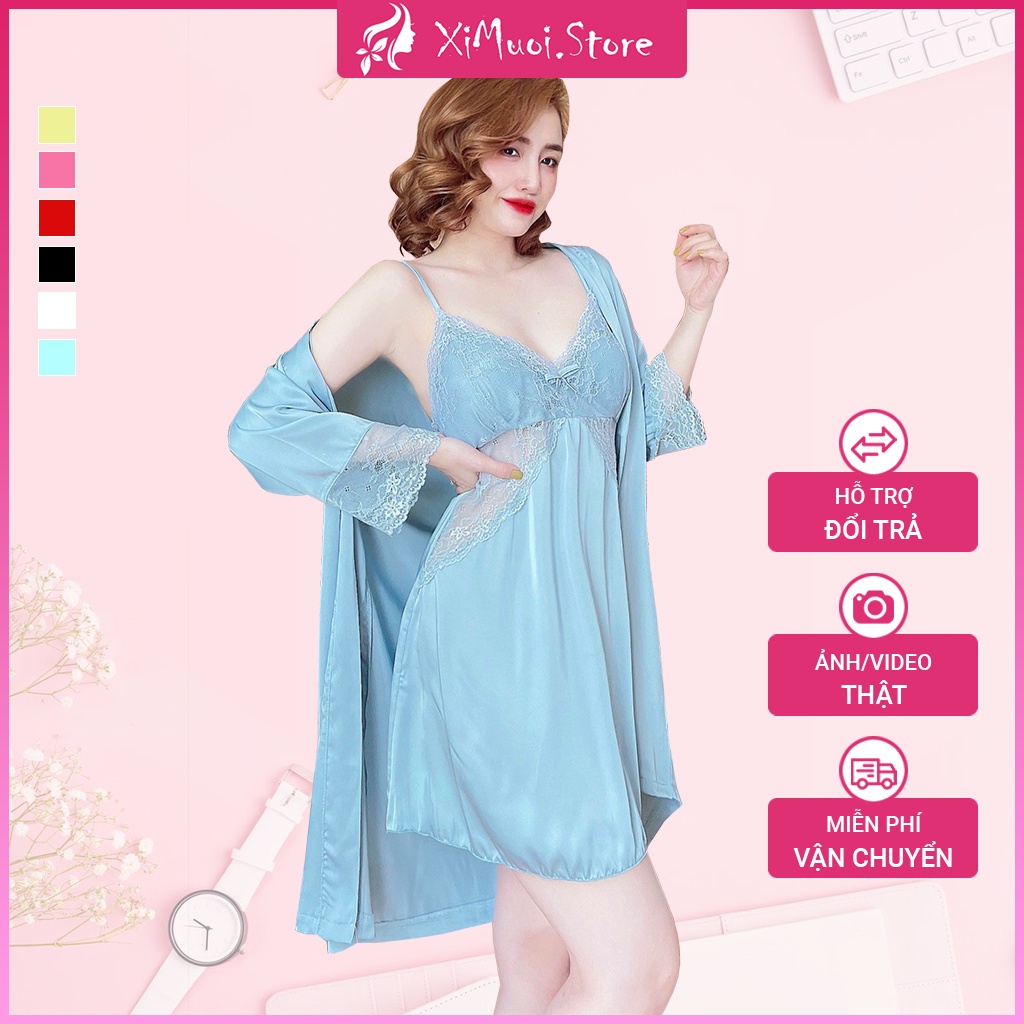 Set áo choàng ngủ, áo khoác kimono kèm quần freesize dưới 65kg