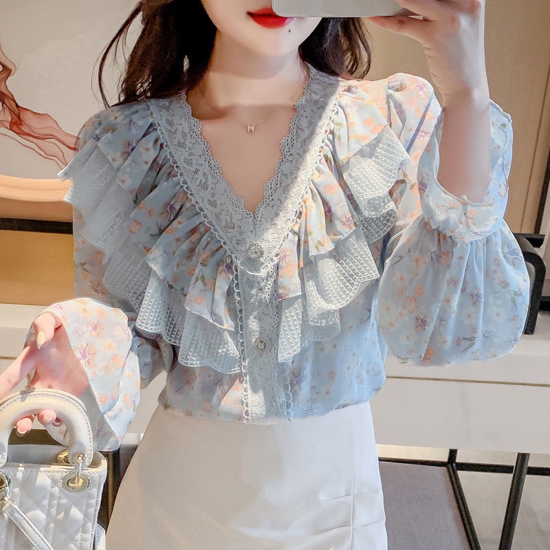 Áo Sơ Mi chiffon Tay Dài Cổ Chữ v In Họa Tiết Hoa Phối Bèo Đính Nút Kim Cương Giả Xinh Xắn Thời Trang Mùa Xuân