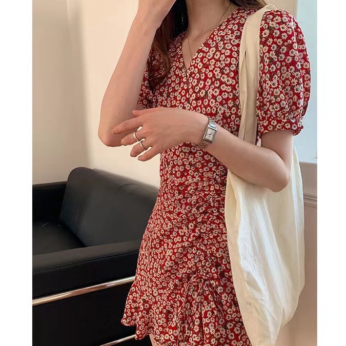 Đầm Hoa Tay Phồng Ngắn Thời Trang Hàn Quốc Trẻ Trung Cho Nữ