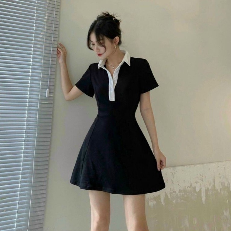 Váy chữ A, đầm polo đen cổ bẻ màu trắng Han siêu đẹp | BigBuy360 - bigbuy360.vn