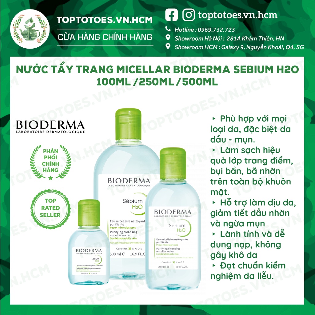 Nước tẩy trang Bioderma xanh Micellar Sebium H2O cho da dầu mụn 100ml/ 250ml/ 500ml [NHẬP KHẨU CHÍNH HÃNG 100%]