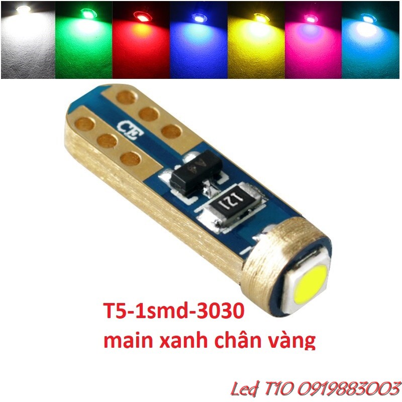 (Main xanh chân vàng)1 bóng đèn T5 Led 1 chip chiếu thẳng cho kim, báo số, mặt đồng hồ xe máy ô tô