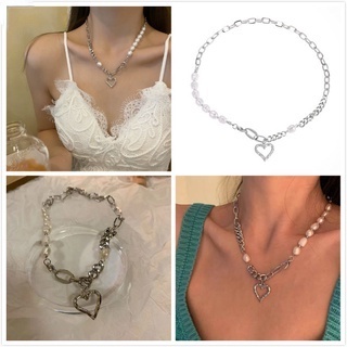 Dây chuyền kiểu chuỗi xích phối hạt ngọc trai mặt hình trái tim phong cách retro thời trang cá tính cho nữ