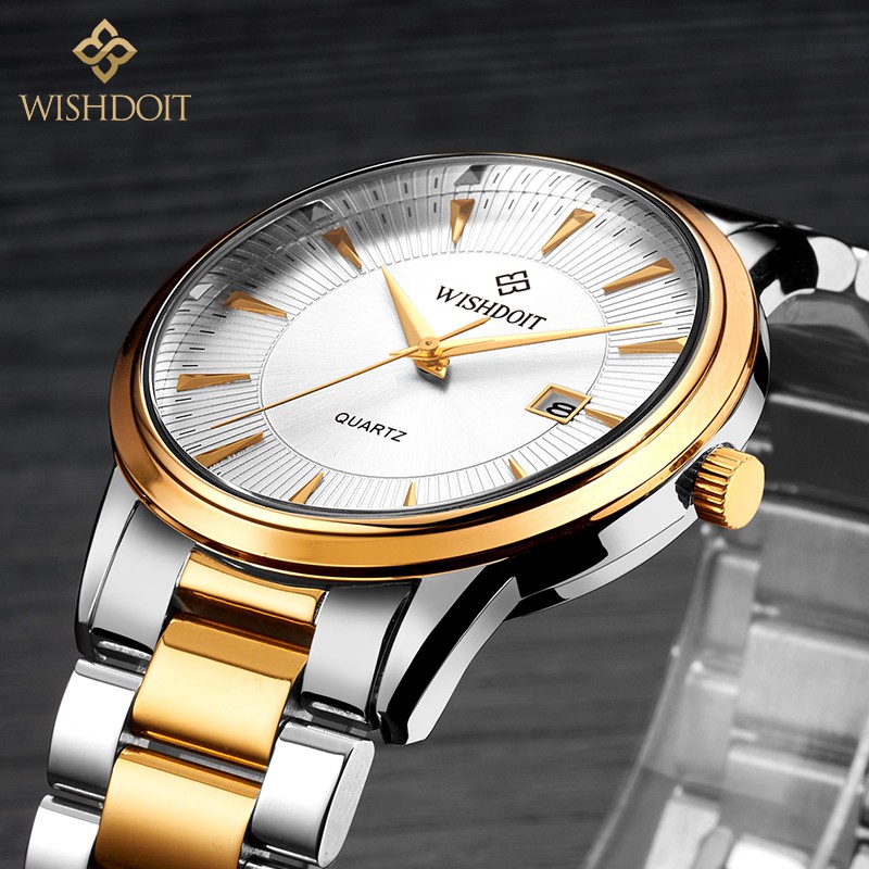 【Official product】WISHDOIT Men's simple casual watch Stainless steel quartz watches Fashion business watch Waterproof swimming Calendar functions Couple watch