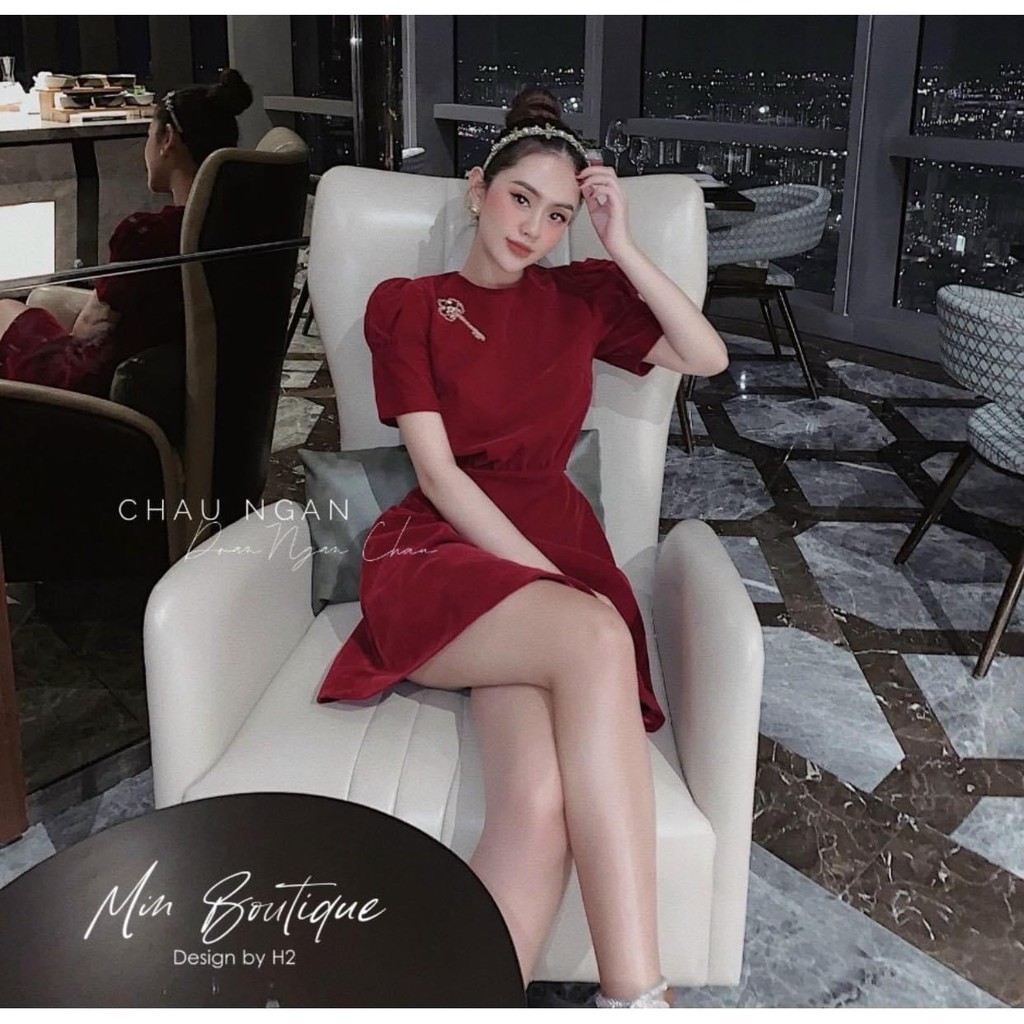 Váy Xòe Đỏ, Đầm Nhung Đỏ Cổ Tròn Tay Phồng Thời Trang Thu Đông Cho Mùa Giáng Sinh Sang Trọng Quý Phái.