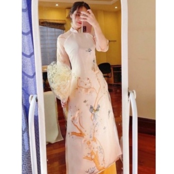 Áo Dài Cách Tân 4 Tà Chim Gia, Áo Dài Cách Tân Nữ Tơ Óng  đính kết Chim Anh Đào