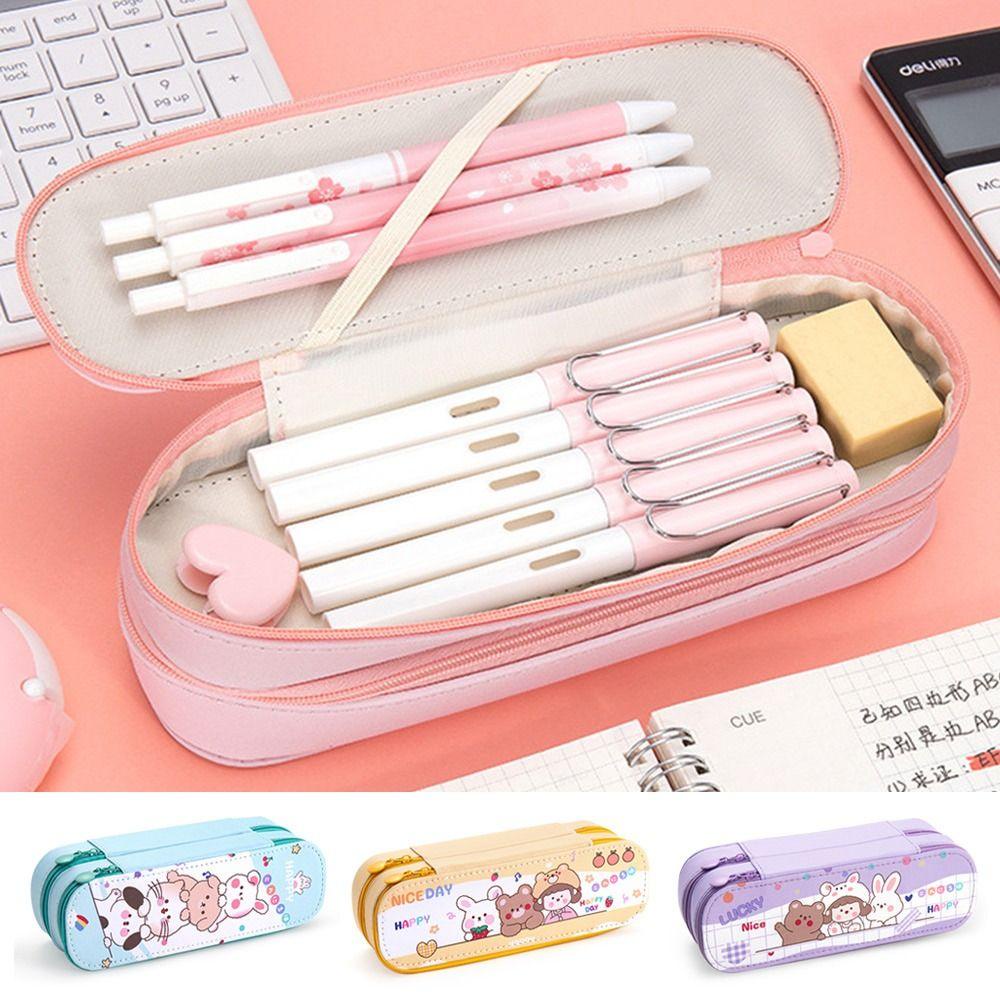 Túi Đựng Bút Bằng Vải Canvas Hai Lớp Sức Chứa Lớn Họa Tiết Cầu Vồng Dễ Thương