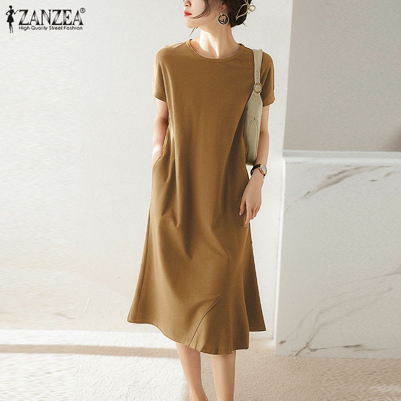ZANZEA Đầm Midi Tay Ngắn Cổ Tròn Màu Trơn Thời Trang Cho Nữ