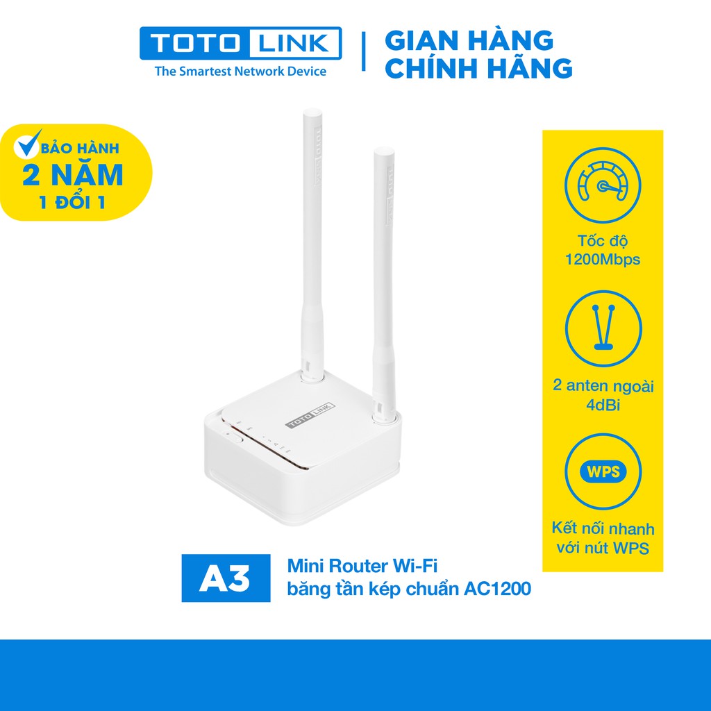 Mini Rounter Wi-Fi băng tần kép chuẩn AC 1200Mbps TOTOLINK  A3 Cục phát wifi cho gia đình văn phòng Hàng chính hãng