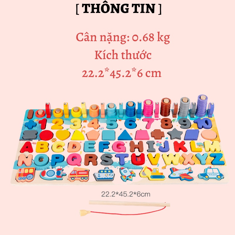 Đồ chơi Bảng Gỗ Câu Cá, Hình Học, Chữ Số, Chữ Cái, Phương Tiện 6in1