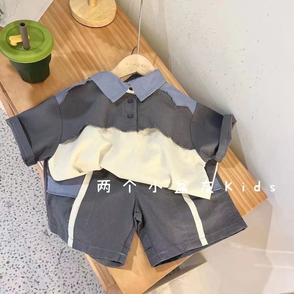 Bộ Áo Thun Tay Ngắn Phối Màu + Quần Short Dáng Rộng Thời Trang Mùa Hè Cho Bé Trai