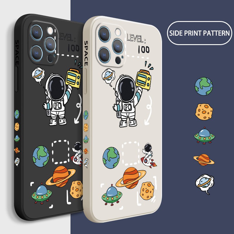 Ốp điện thoại TPU cạnh thẳng in mẫu phi hành gia cho iPhone 12 Mini 11 Pro X XS Max XR 6 6s 7 8 Plus