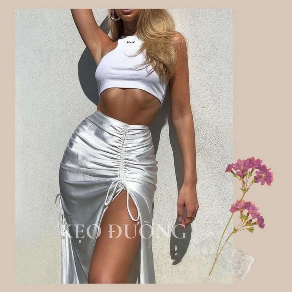 Chân váy satin lụa trắng Ulzzang Hàn Quốc rút dây xẻ tà 2 bên dáng dài qua gối sexy quyến rũ