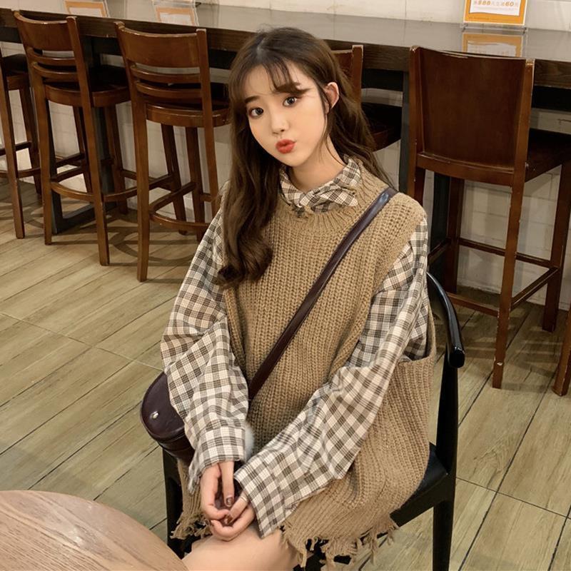 Bộ áo sơ mi tay dài kẻ sọc + áo khoác len không tay phong cách Hàn Quốc hợp thời trang cho nữ