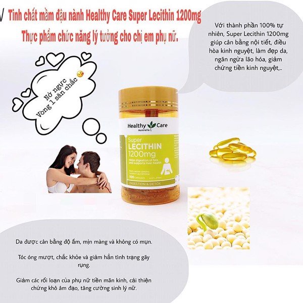 Mầm Đậu Nành Healthy Care Super Lecithin 1200mg Lọ 100 Viên Của Úc tăng vòng 1, đẹp da, cân bằng nội tiết tố...