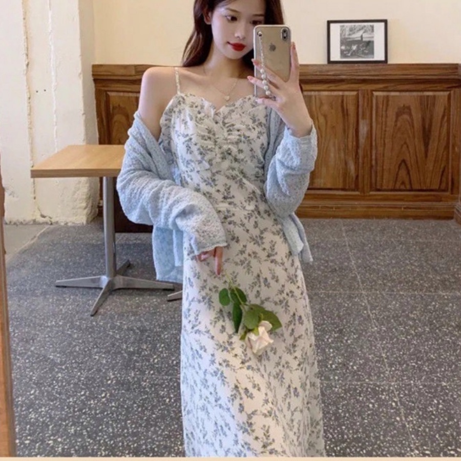 Váy Hoa Nhí Đầm 2 Dây Hoa Nhí Bèo Nhún Ngực Áo Khoác Cardigan Phong Cách Hàn Quốc Nhẹ Nhàng - De Mila HN57 | BigBuy360 - bigbuy360.vn