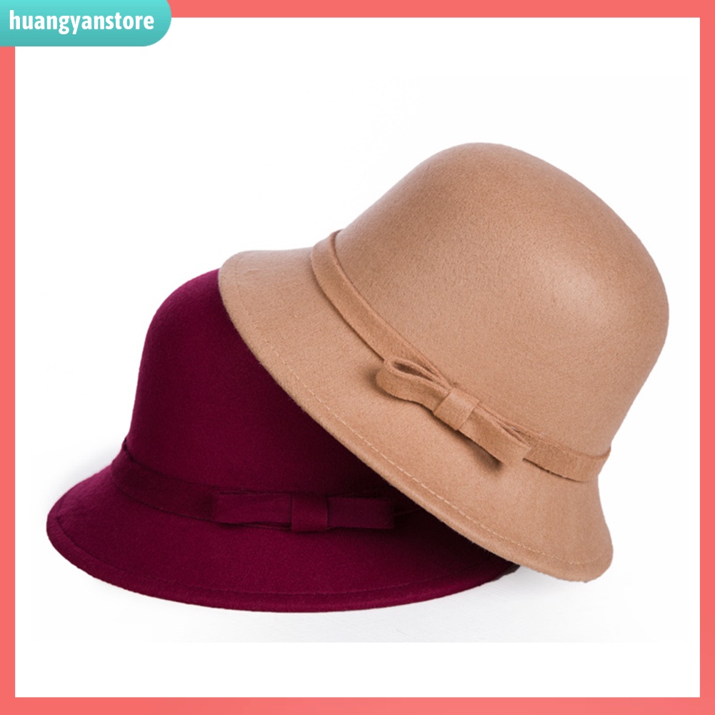 HY| Mũ len màu trơn có đính nơ xinh xắn dành cho nữ