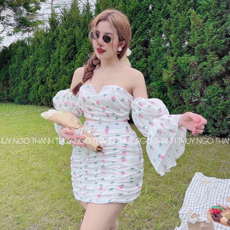 (Ảnh thật) Set áo trễ vai tay bồng mix chân váy ôm hoa nhí Thuyngothanh