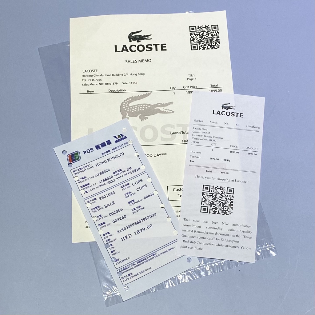 Bộ set bill thẻ hóa đơn phụ kiện mũ nón quần áo giày dép L.a.c.o.s.t.e check QR code