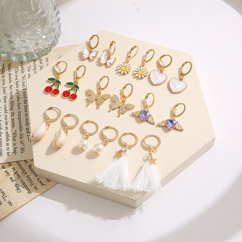 Set 9 Đôi Bông Tai Bằng Hợp Kim Dát Đá Hình Bướm / Trái Tim / Cherry / Ngọc Trai YR