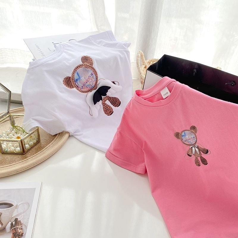 Áo Thun Cotton Ngắn Tay Cổ Tròn In Chữ Thời Trang Mùa Hè Cho Bé Gái