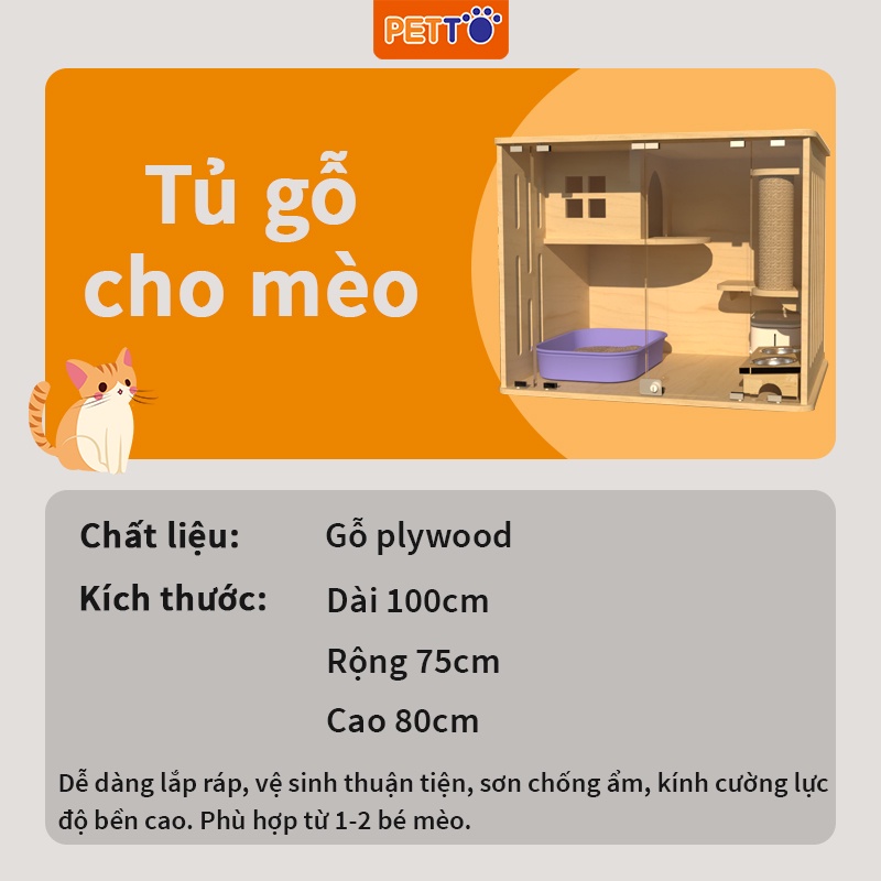 Tủ nuôi mèo PETTO bằng GỖ chuồng mèo HIỆN ĐẠI rộng rãi, thoáng mát dành cho 1 - 2 bé mèo CC002