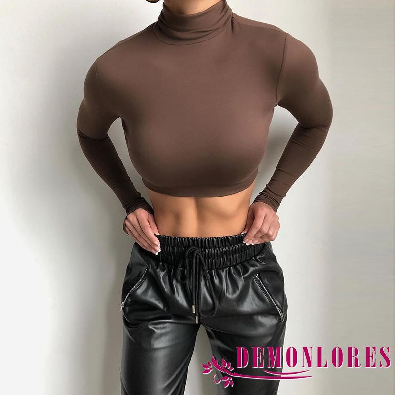 Áo croptop tay dài cổ lọ thiết kế màu trơn thanh lịch cho nữ