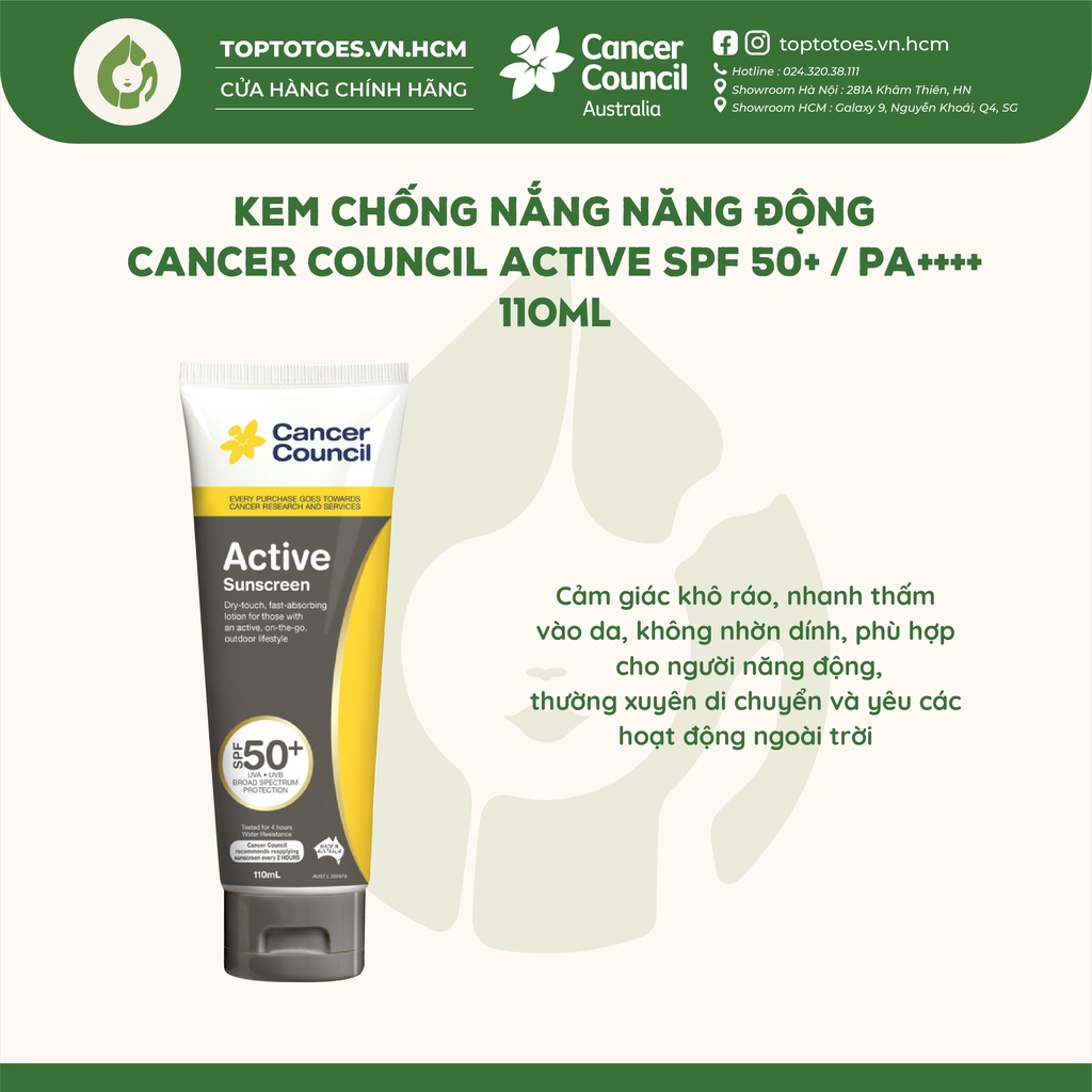 Kem chống nắng Năng động Cancer Council Active SPF 50+/ PA ++++